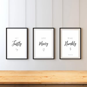 Juego de 3 imprimibles de Miqueas 6:8 / Practica la justicia, ama la misericordia, camina con humildad / Arte mural cristiano / Decoración minimalista con las Escrituras / Descarga digital