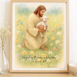 Stampa ad acquerello di Gesù e Agnello / Versetto biblico di Isaia 40:11 / Decorazione murale per cameretta cristiana / Download digitale del Buon Pastore
