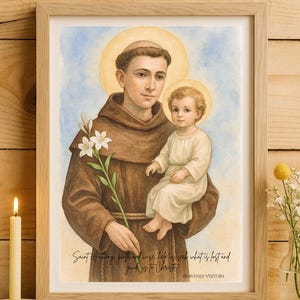 Stampa ad acquerello di Sant'Antonio da Padova / Arte murale cattolica / Santo patrono delle cose perdute / Download digitale / Decorazione per la casa di Sant'Antonio