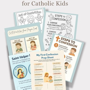 Préparation de la première confession à imprimer pour enfants catholiques – Feuille de travail sur la confession + affiche + carte Acte de contrition + badge saint, lot !