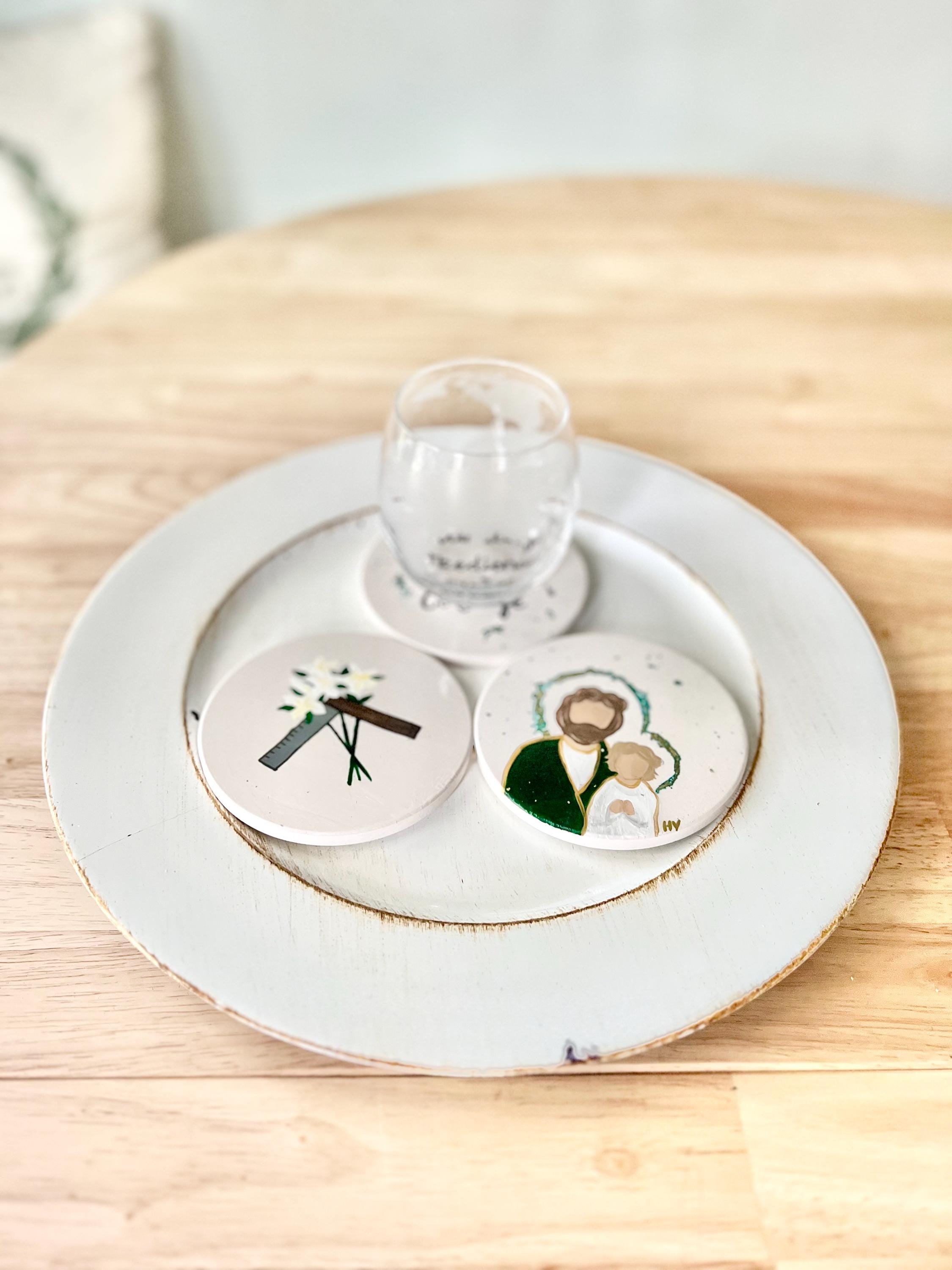 Hand-painted St. Joseph Ceramic Coaster Set: Catholic Home Decor - Etsy