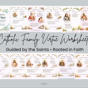 Puede incluir: Un conjunto de hojas de trabajo de Virtudes Familiares Católicas, con santos y virtudes mensuales. El diseño incluye detalles florales y el texto "A Year of Virtue" y "Guided by the Saints • Rooted in Faith."