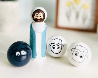 Jesus and the Lost Sheep Playset: Hand-Painted Peg Doll, Faith-Based Toy