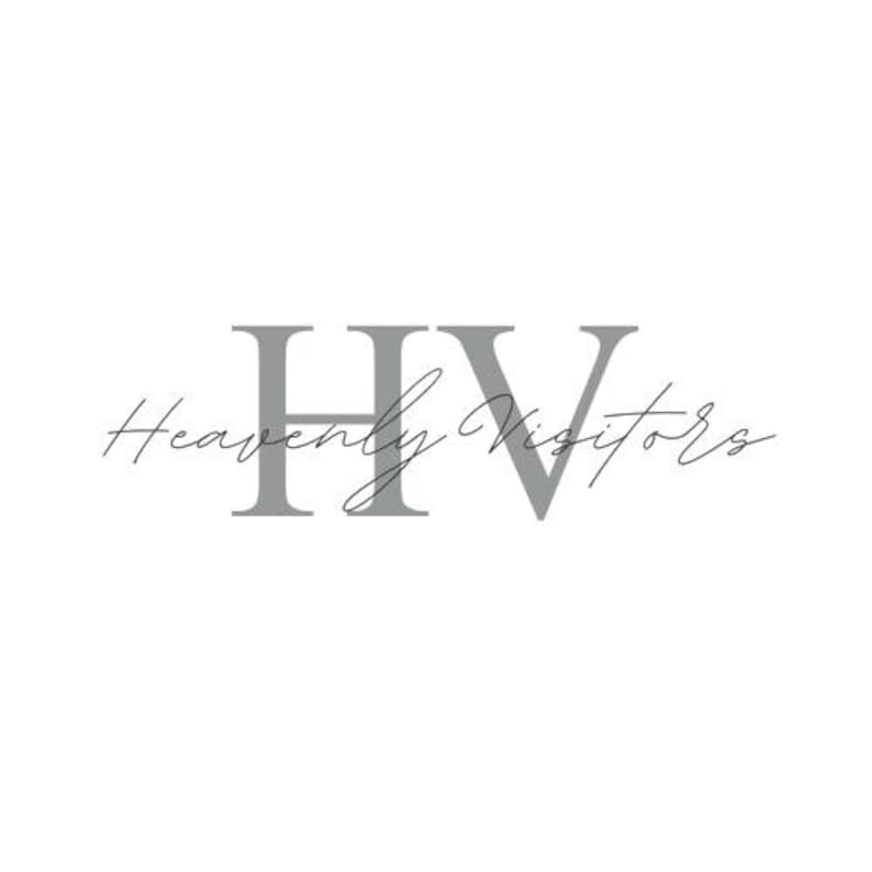 Puede incluir: Un dise&ntilde;o de logotipo minimalista con el texto "Heavenly Visitors" en una delicada escritura a mano. Las iniciales "HV" est&aacute;n apiladas encima del texto en una fuente sans-serif en gris, sobre un fondo blanco.