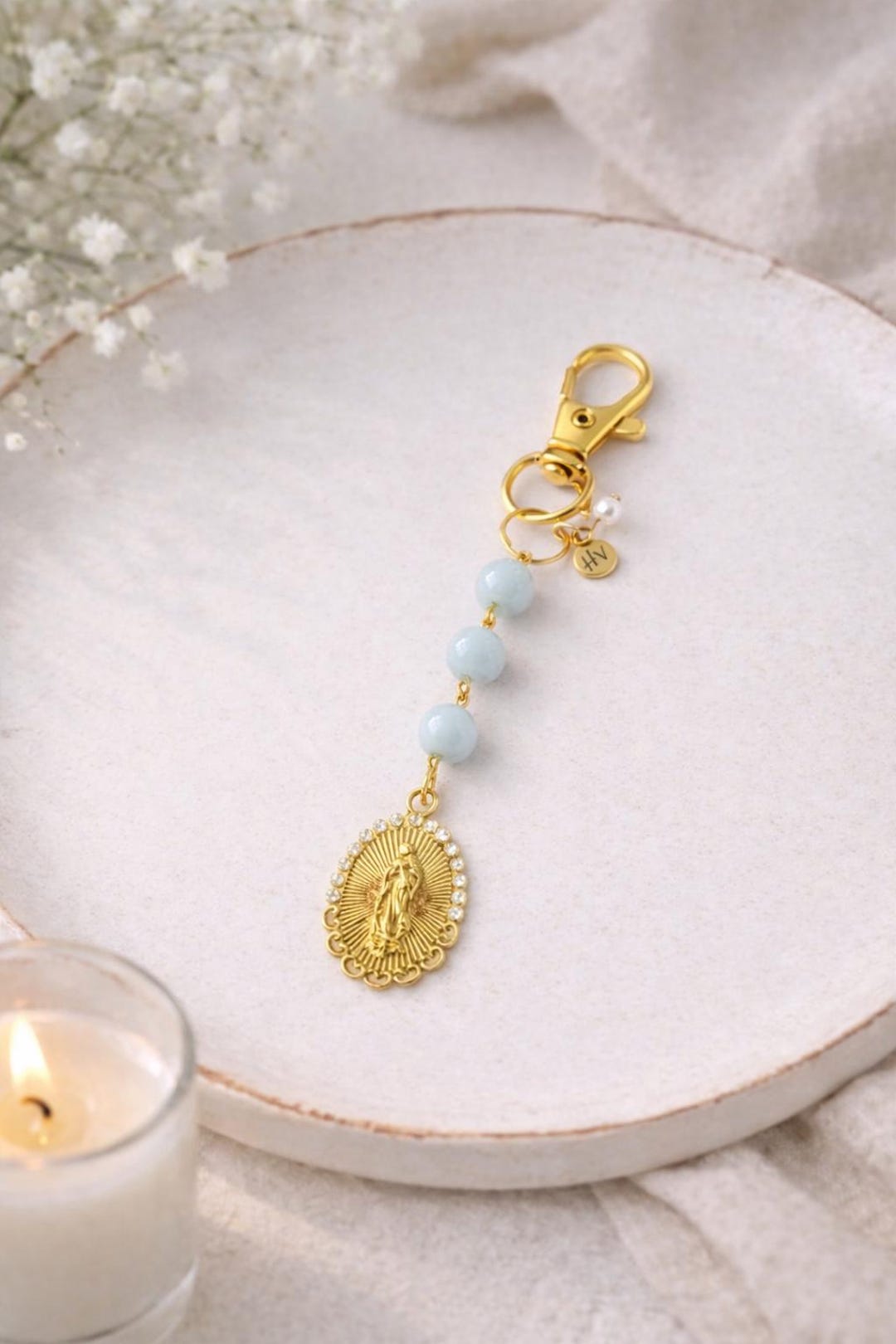Miraculous Medal Keychain, Blue Gemstone, 14k Gold Plated Charm ...