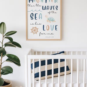 Psalm 93:4 Ocean Nursery Print | Mightier Than the Waves | Bible Verse Wall Art | Coastal Christian Baby Room | Digital Download