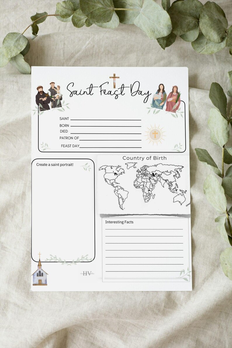 Puede incluir: Una tarjeta blanca de "Saint Feast Day" con ilustraciones de santos, un mapa del mundo y espacio para escribir informaci&oacute;n. La tarjeta incluye el texto "Saint Feast Day", "Create a saint portrait!" e "Interesting Facts".