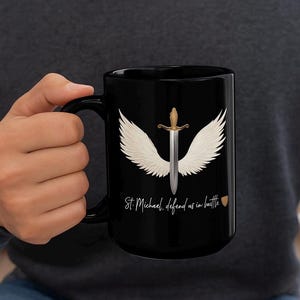 St. Michael Catholic Mug for Men – 15oz Black Coffee Cup – Defend Us in Battle Prayer – Spiritual Warrior Christian Gift