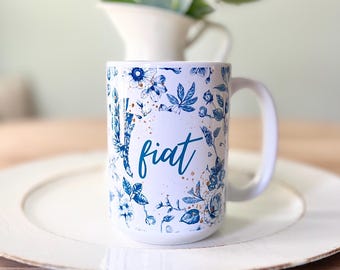 Catholic Fiat Mug: Marian Floral Coffee Cup - Inspirational Gift