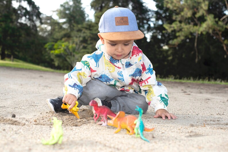 May include: A young child wearing a blue and brown baseball cap with the word "ASLAN" on it, sits on the ground playing with colorful dinosaur toys.