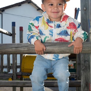 May include: A young child wearing a blue and brown baseball cap with the word "ASLAN" on it. The child is wearing a white jacket with a colorful dinosaur print and blue jeans. The child is standing on a wooden platform.