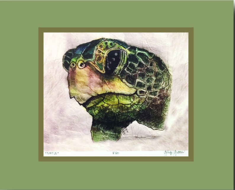 K&ouml;nnte beinhalten: Eine Nahaufnahme eines gr&uuml;nen, braunen und schwarzen Schildkr&ouml;tenkopfes mit einer strukturierten Schale. Die Schildkr&ouml;te schaut nach rechts. Das Bild ist signiert mit "Angie Austin" und nummeriert "3/100".