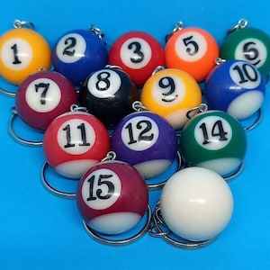 May include: A set of 15 miniature billiard ball keyrings, each with a different number from 1 to 15. The keyrings are made of plastic and have a white background with black numbers. The keyrings are arranged in a circle, with the white ball in the centre.