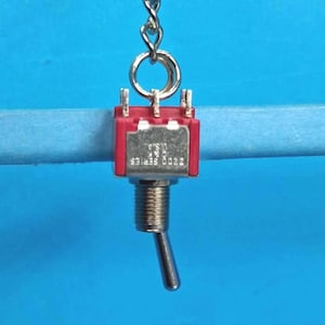 May include: A red toggle switch with a silver metal lever and threaded base, suspended by a silver chain. The switch has the text "2200 SERIES U.S.A." on its face. The background is a solid light blue.