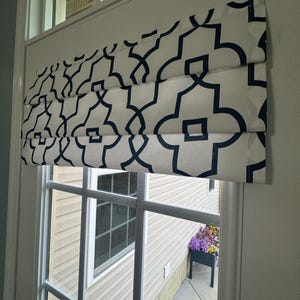 24”x38” Magnetic Shade | Unlined | 100% Cotton |  White with Navy | Magnetic Shade for Metal Doors | Metal/Magnetic Door Required