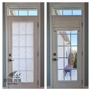 May include: Two images show a white door with a window and a small window above. The left image has a sheer white curtain covering the window. The right image has a Roman shade. The text "LITTLE BIRDIE magnetic shades" is at the bottom.