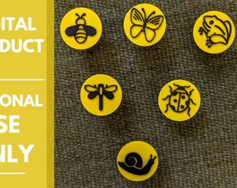 May include: Six circular yellow buttons featuring black graphic icons of a bee, butterfly, frog, dragonfly, ladybug, and snail. A yellow sidebar on the left contains the white text: DIGITAL PRODUCT PERSONAL USE ONLY.