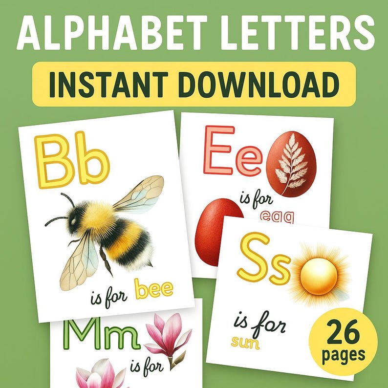 May include: A set of 26 alphabet flashcards featuring colorful illustrations and the phrase "is for" followed by a word starting with the letter. The flashcards include a bee, egg, sun, and magnolia flower.