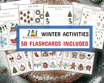 Printable WINTER Preschool Activity Set 50 FLASHCARDS included for Kids (3-6 Years) - Digital PDF
