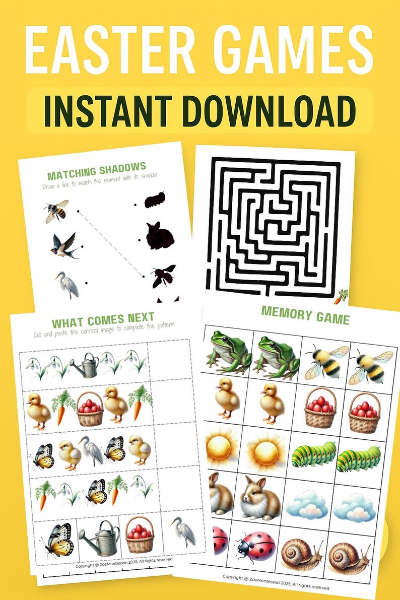 May include: Four printable Easter game cards featuring a matching shadows game, a maze, a what comes next game, and a memory game. The cards feature images of a bee, a swallow, a bunny, a chick, a watering can, a basket of eggs, a carrot, a butterfly, a snowdrop, a frog, a sun, a caterpillar, a rabbit, a ladybug, and a snail.