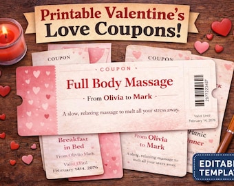 50 Valentine’s Day Coupons, Editable Love Coupons, Printable Romantic Coupon Book, Canva Template for Couples, Valentine Gift 2026