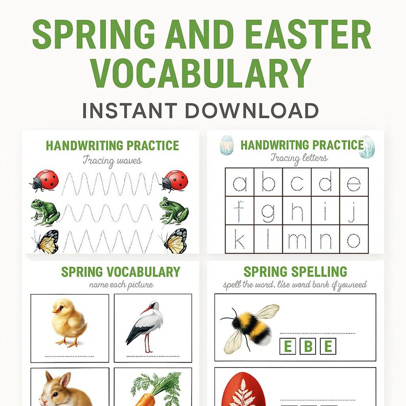 May include: A printable worksheet for kids to practice handwriting, spelling, and vocabulary related to spring and Easter. The worksheet includes tracing letters and waves, naming pictures of spring animals and objects, and spelling the word "bee".