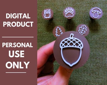 May include: A set of six brown circular stamps featuring white raised nature-themed icons including an acorn, owl, bear paw, mushroom, pine tree, and oak leaf. The text DIGITAL PRODUCT PERSONAL USE ONLY is printed on the left side of the image.