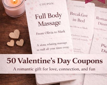 50 Valentine’s Day Coupons | Editable Romantic Intimacy Coupons | Printable Love Coupons for Couples Canva Template Gift