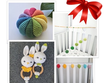 Montessori Baby Toys Crochet Patterns: Sensory Ball, Bunny Rattle, Crib Mobile (PDF Pattern)