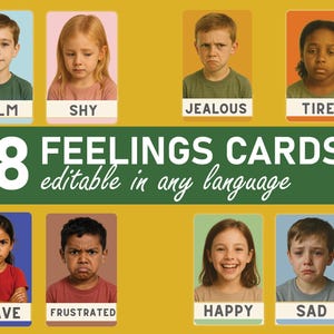 Cartões de emoções para crianças, cartões de aprendizagem Montessori, flashcards, sentimentos para crianças, compreensão de emoções, download digital em PDF