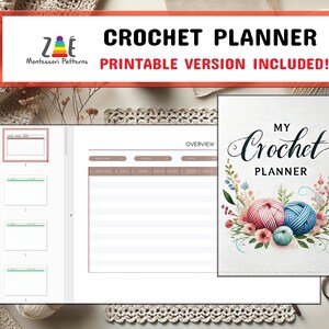 Puede incluir: Un planificador de crochet imprimible con un dise&ntilde;o floral y ovillos de lana. El planificador tiene secciones para la descripci&oacute;n general del proyecto, los detalles de la lana y las notas del proyecto. La portada presenta el texto "Mi planificador de crochet".