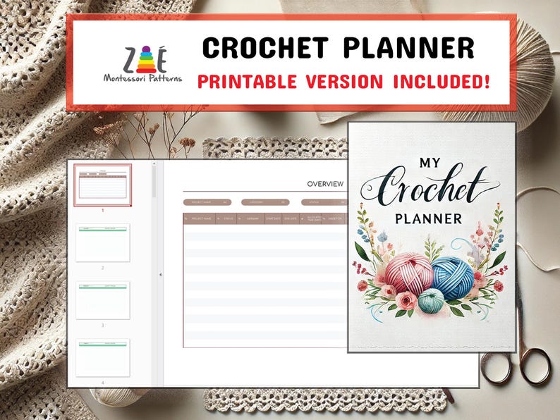 Puede incluir: Un planificador de crochet imprimible con un dise&ntilde;o floral y ovillos de lana. El planificador tiene secciones para la descripci&oacute;n general del proyecto, los detalles de la lana y las notas del proyecto. La portada presenta el texto "Mi planificador de crochet".