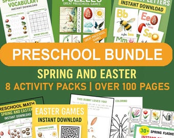 100 pages Complete Easter Spring Activity Book for Preschool| Bundle with math, puzzles, alphabet, flashcards and more Digital Download PDF