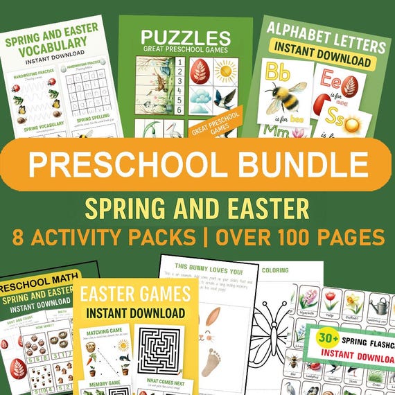 100 pages Complete Easter Spring Activity Book for Preschool| Bundle with math, puzzles, alphabet, flashcards and more Digital Download PDF
