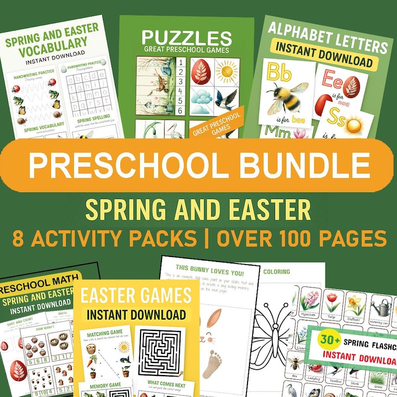 100 printable activity pages for preschoolers! Perfect for Easter & spring. Includes alphabet tracing, matching, counting, mazes, flashcards & more!