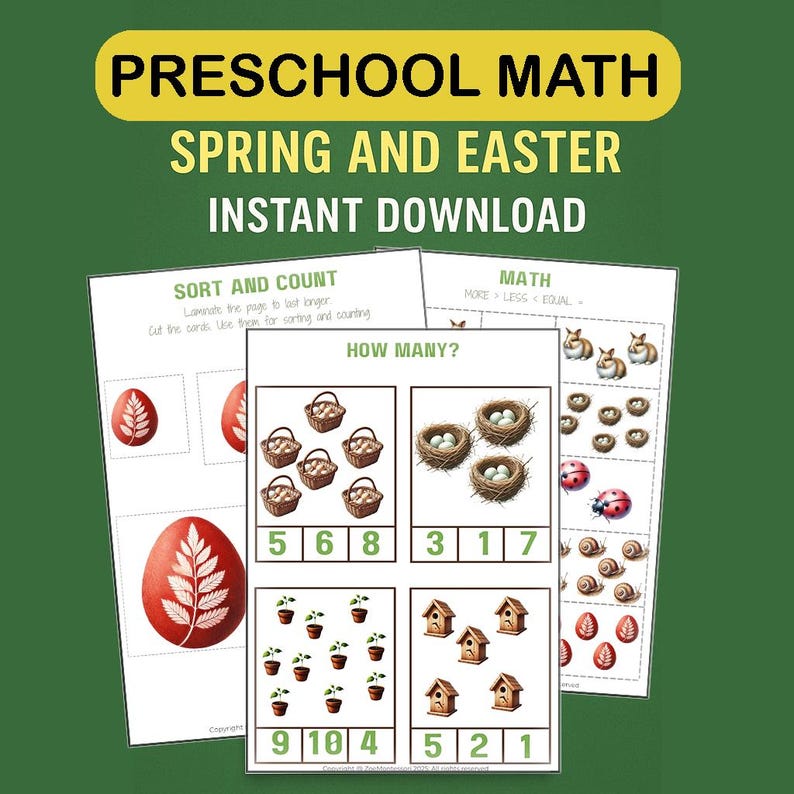May include: A printable preschool math worksheet with a spring and Easter theme. The worksheet includes activities for sorting and counting, as well as a "How Many?" section with images of nests, birdhouses, and flower pots.