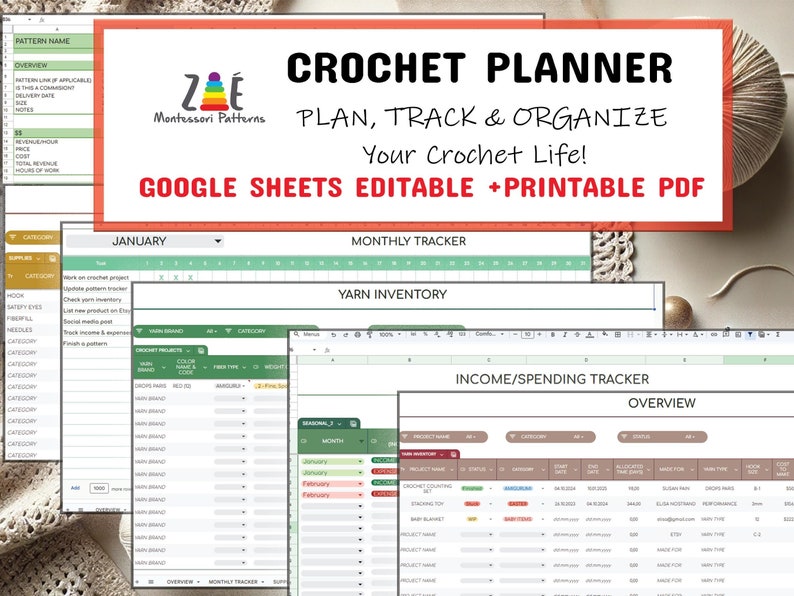 Puede incluir: Una plantilla de hoja de c&aacute;lculo de Google Sheets para crocheters. La hoja de c&aacute;lculo incluye secciones para planificar, hacer un seguimiento y organizar proyectos de crochet, inventario de hilo, ingresos y gastos, y una descripci&oacute;n general. La plantilla se titula "Crochet Planner: &iexcl;Planifica, haz un seguimiento y organiza tu vida de crochet!"