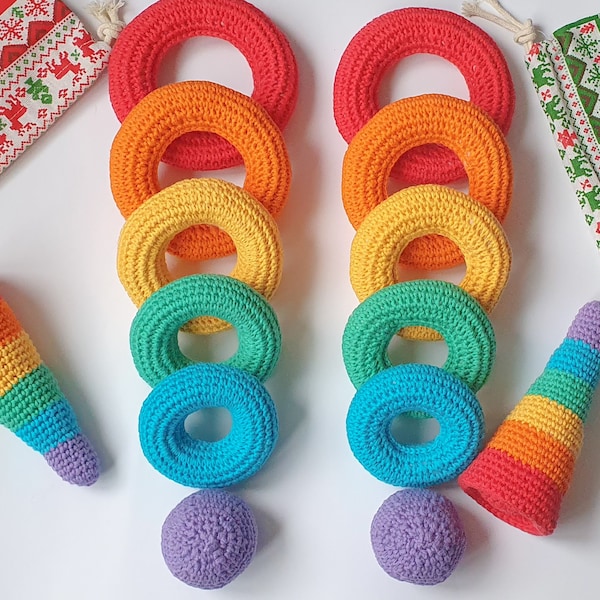 Juguetes para bebés de ganchillo Patrón de anillos de apilamiento de arcoíris Montessori Patrón de juguetes educativos para bebés apilables de ganchillo