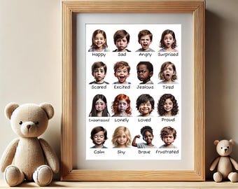 Feelings Poster for Toddlers: 16 Emotions Chart, Educational Wall Art (Digital Download)