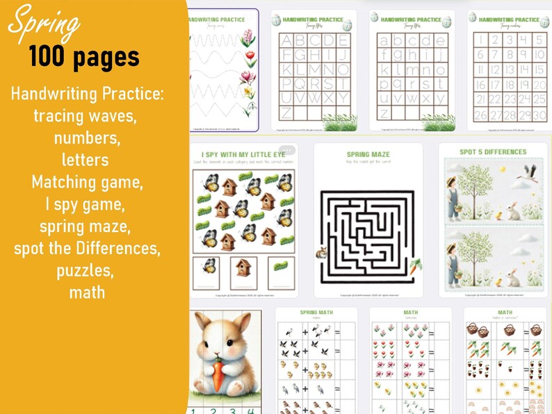 100 printable activity pages for preschoolers! Perfect for Easter & spring. Includes alphabet tracing, matching, counting, mazes, flashcards & more!