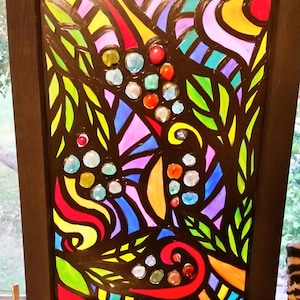 Handpainted vintage window, stained glass look with glass beads, abstract and colorful, upcycled window