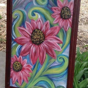 Painted window screen, upcycled screen, bright colorful flowers