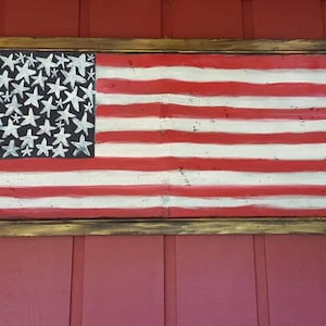 Handpainted recycled window screen, patriotic flag, for indoors or outdoors, vintage upcycled window screen