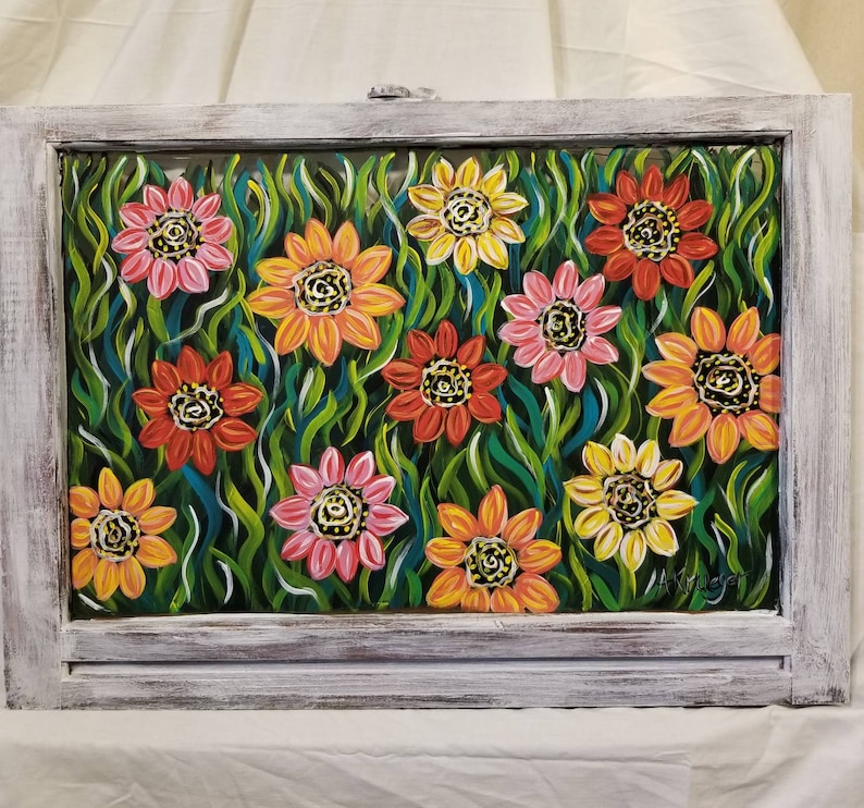 Handpainted Vintage Window Art With Brightly Colored Flowers and Greenery. Etsy
