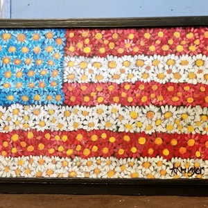Window screen, Handpainted upcycled window screen, flower flag, American flag