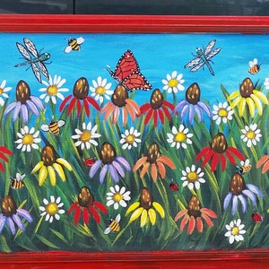 Painted screen, painted window screen with bright flowers, dragonflies, butterflies, bees and ladybugs