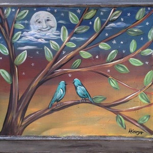 Painted window screen, upcycled window screen, vintage window screen with love birds and a happy moon for use indoors or outdoors.