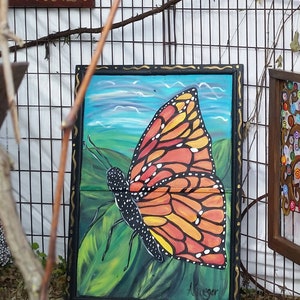 Painted screen, handpainted vintage screen, bright colorful monarch butterfly