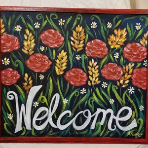Handpainted upcycled window screen welcome sign with bright flowers and a red frame