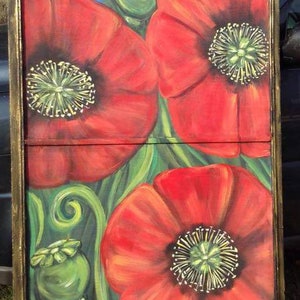 Painted screen, upcycled window screen, bright colorful sunflowers